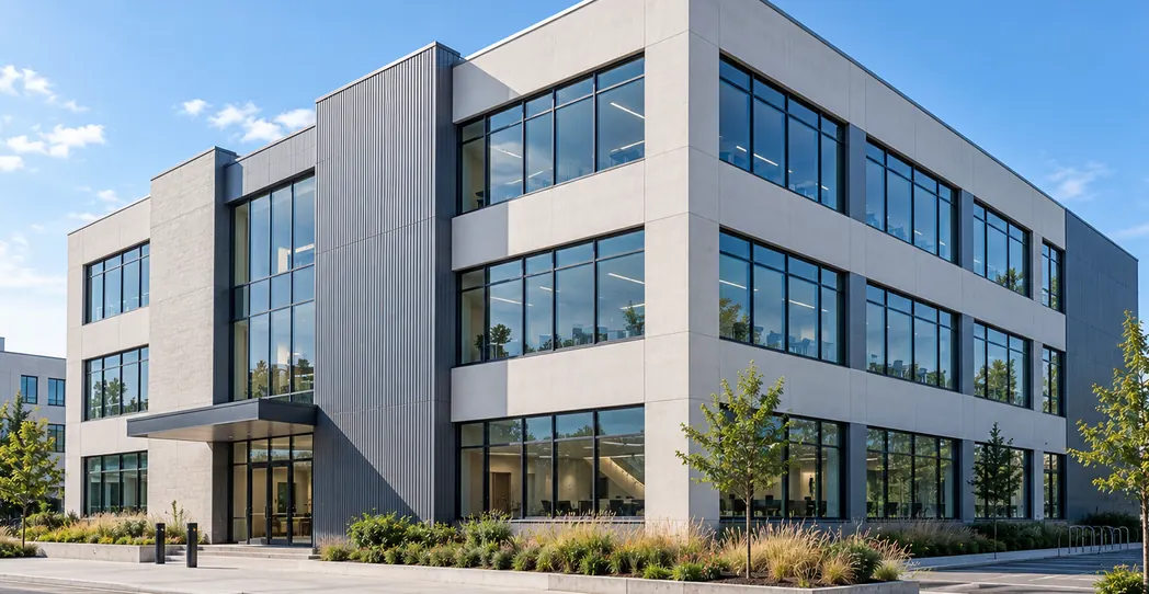 A modern three-storey office building with landscaped grounds