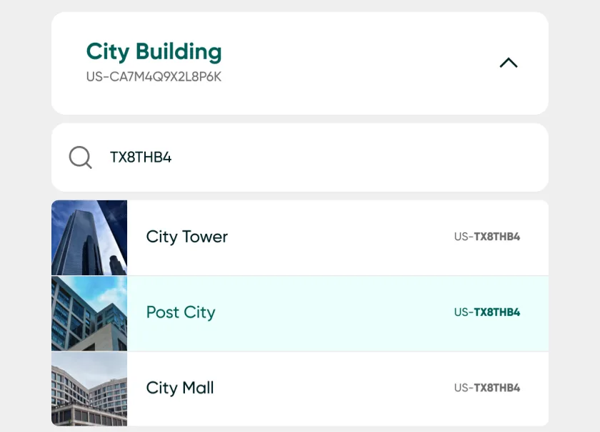 A UBIN™ building search, listing buildings by their identification numbers