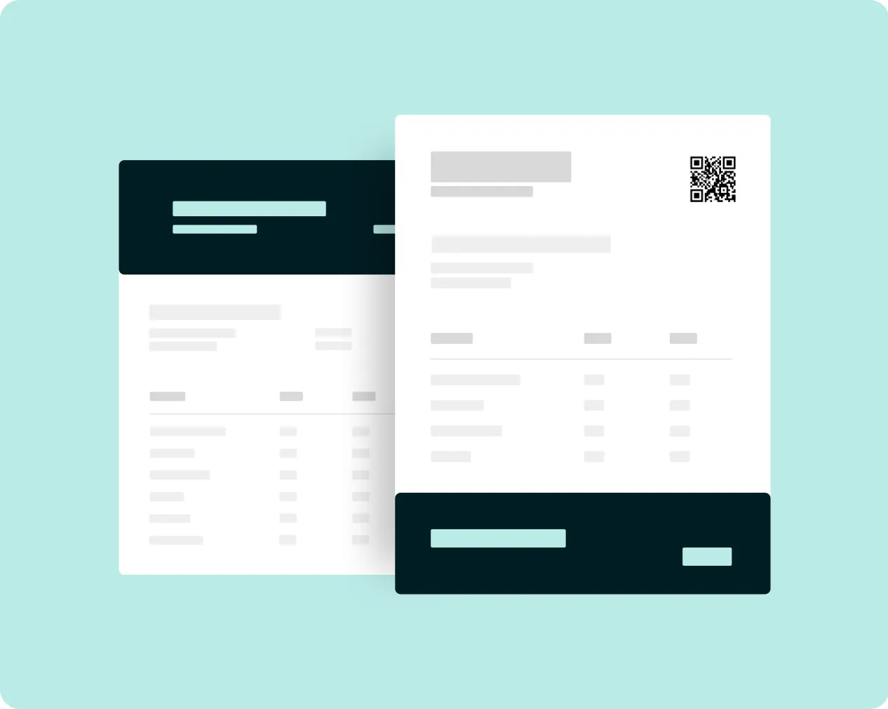 Two documents stored in Backpack, one carrying a QR code, drawn as simplified page outlines