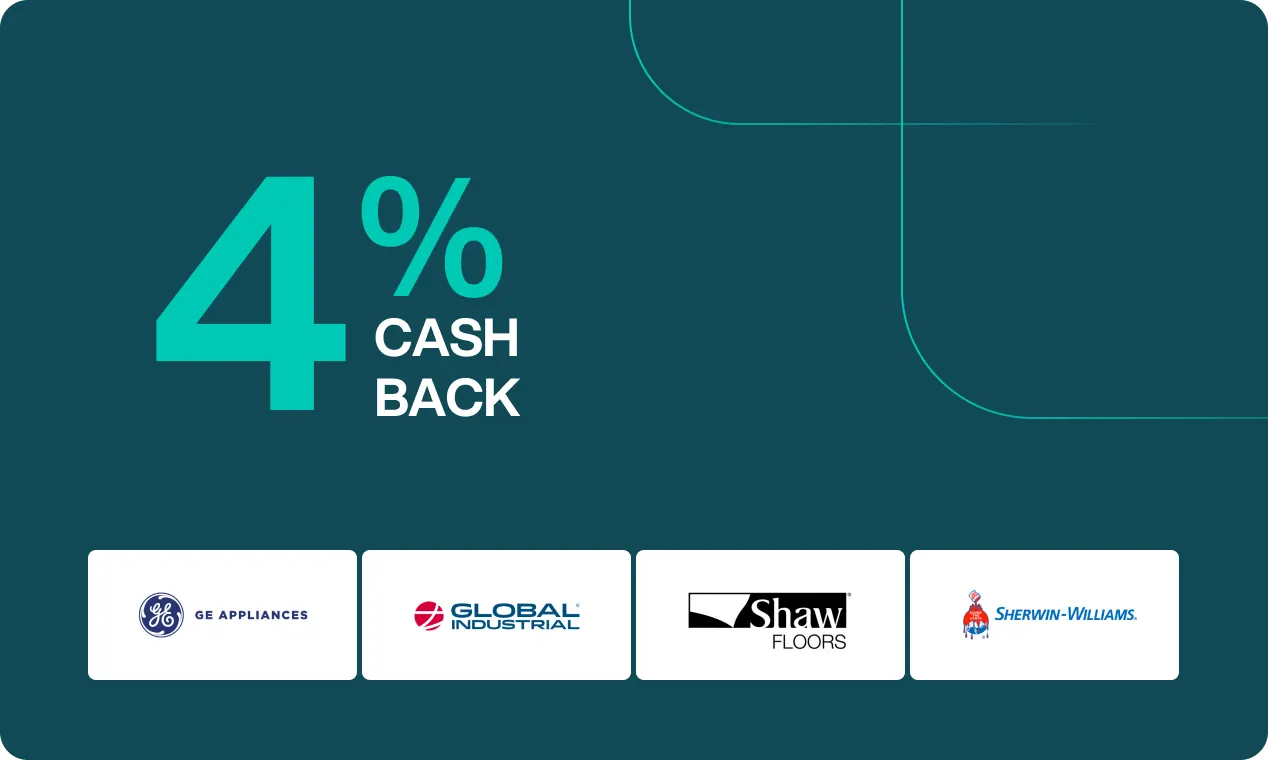 4% cash back, with the logos of marketplace partners GE Appliances, Global Industrial, Shaw Floors and Sherwin-Williams