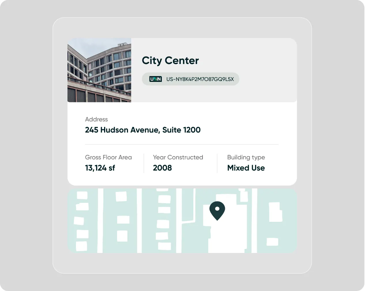 The property overview for City Center: its UBIN, address, 13,124 sf floor area, built 2008, mixed use, above a site plan