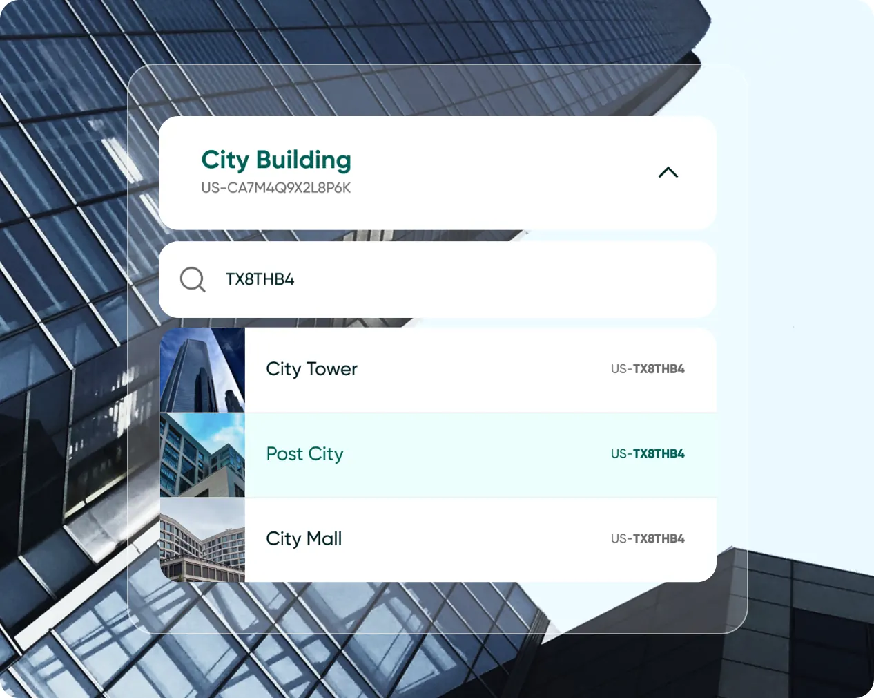 A UBIN lookup for City Building, above a search listing City Tower, Post City and City Mall, each with its UBIN