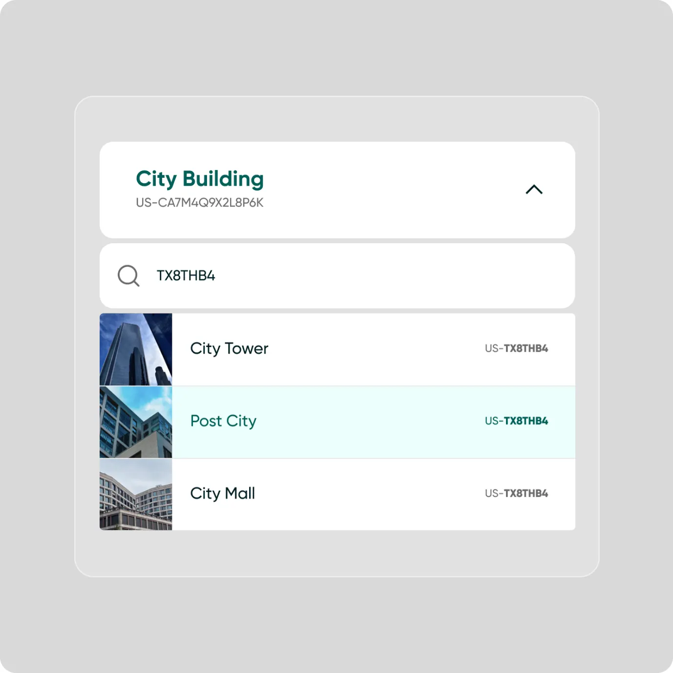 A building search in Backpack listing City Tower, Post City and City Mall, each with its UBIN